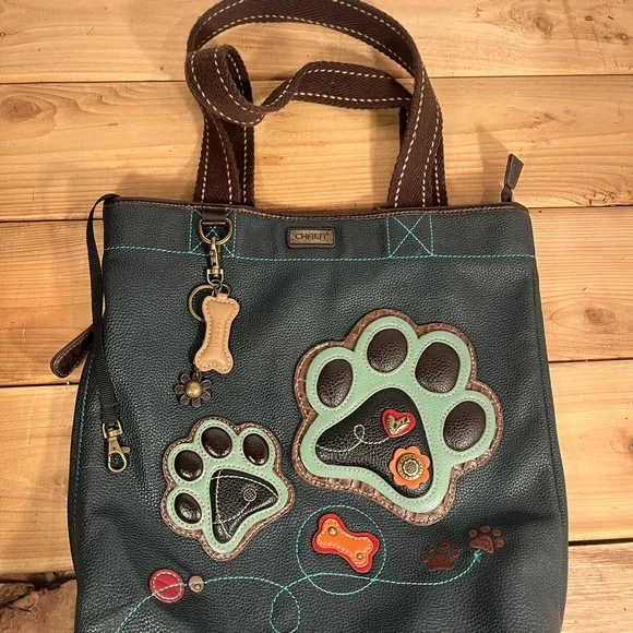 CHALA Paw Prints Tote Handbag Purse Dog Bone Bag Blue and Brown - Picture 3 of 11